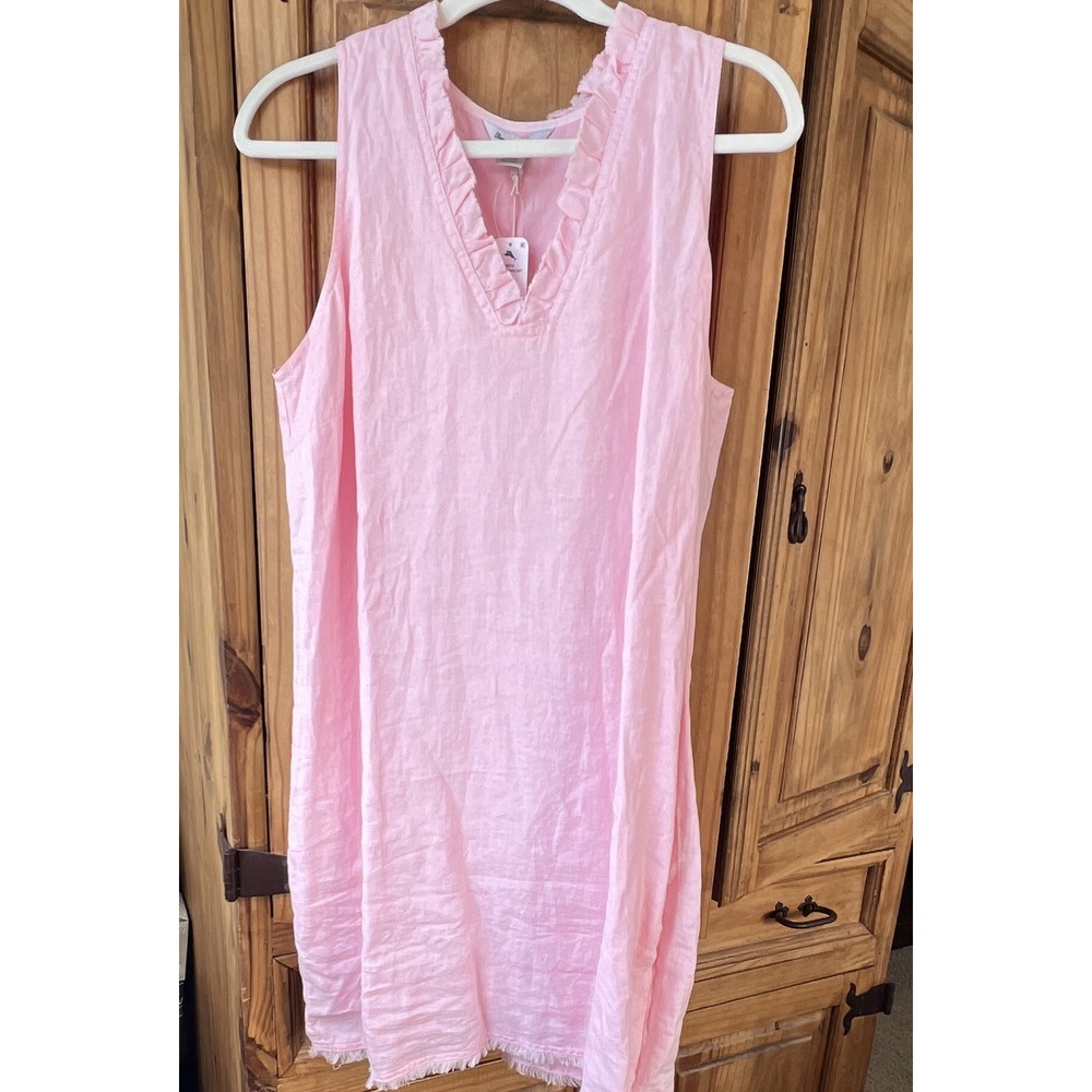 Tommy Bahama Women's Pink Linen Ruffle Shift Dress Sleeveless V-Neck Size L